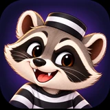 Scout the Raccoon wearing a black-and-white prisoner Halloween costume